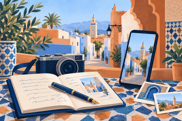 رسم توضيحي لدفتر وقلم وكاميرا في مشهد مغربي