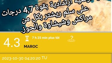 صورة هزة أرضية ارتدادية بقوة 4,7 درجات على سلم ريشتر بكل من مراكش وشيشاوة والحوز.