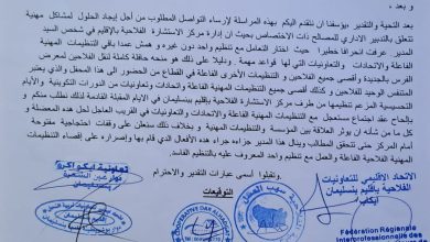 صورة التنظيمات الفلاحية و بعض أعضاء الغرفة الفلاحية يراسلون المدير الإقليمي و الجهوي من أجل إيجاد حلول لبعض المشاكل الإدارية التي تواجههم.